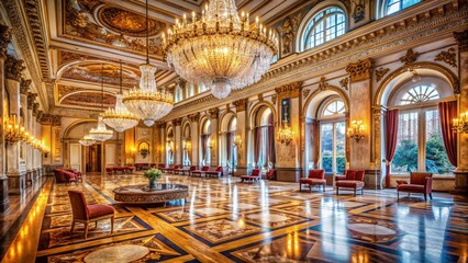 Obraz premium Luxurious Grand Ballroom Interior: Elegant Event Space with Crystal Chandelier and Marble Floors