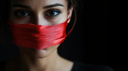 Woman silenced with red ribbon over her mouth on dark background with copy space, symbolizing oppression and a call to end violence against women.