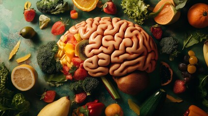 A creative fusion of a brain intertwined with fresh fruits and vegetables, Organic scene, Surreal style