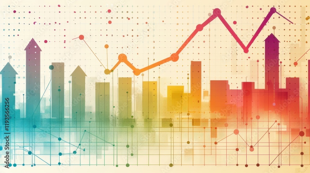 Poster colorful abstract city skyline with rising graphs and data points, representing growth and progress 