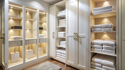 Obraz premium Luxurious Hotel Room: Close-up of White Mirrored Wardrobe with Neatly Folded Towels