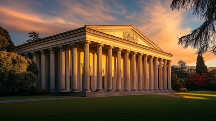 Obraz premium Grecian Temple at Sunset Golden Light Illuminates Columns