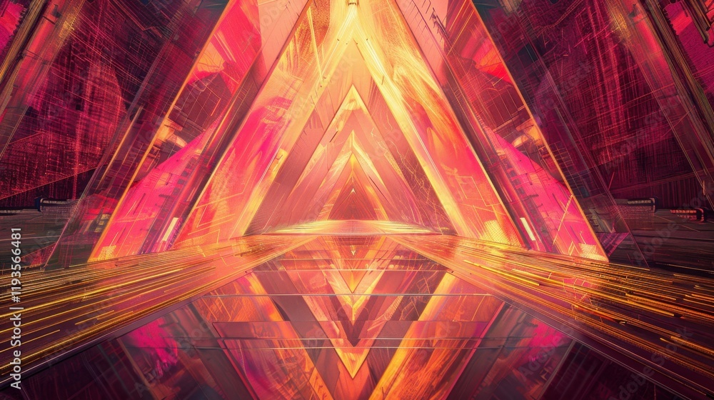Poster Futuristic abstract landscape with vibrant colors and geometric shapes, creating sense of depth and movement. glowing patterns reflect on surface, enhancing visual impact
