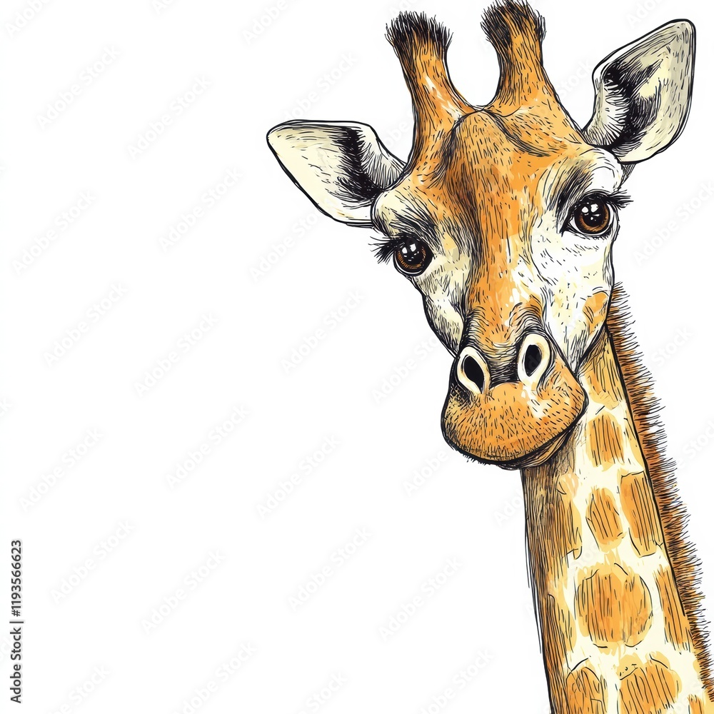 Poster giraffe gazing curiously with intricate facial details and vibrant patterns in a whimsical illustrat
