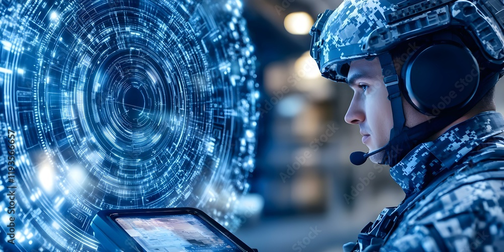 Poster a soldier using advanced technology, looking at a digital interface with futuristic holographic proj