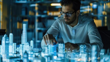 man in white shirt examines glowing architectural model in modern office. intricate details of cityscape reflect innovation and creativity in urban design