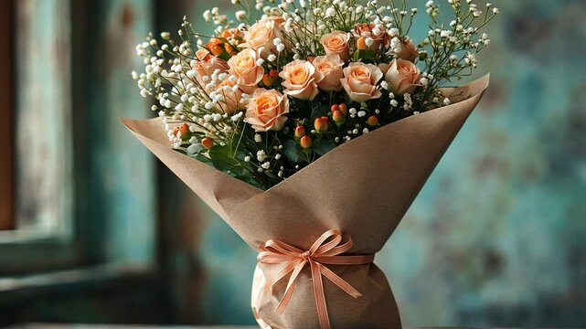 Static shot: A beautiful bouquet of peach roses and white gypsophila in craft paper.