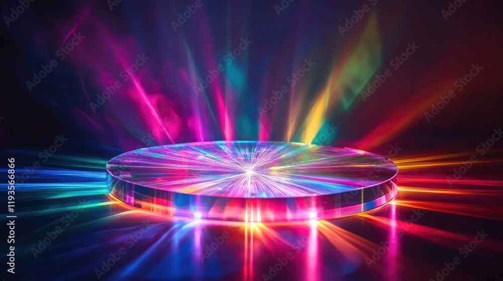 Poster floating holographic interface of a next-gen computing system, radiating multicolored light beams