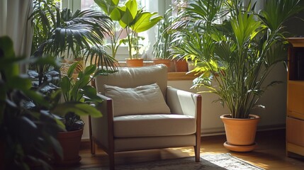 Fototapeta premium Sunlit Living Room Chair Surrounded By Lush Green Plants
