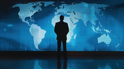 silhouette of businessman standing in front of world map display, symbolizing global business and connectivity. blue tones create modern and professional atmosphere