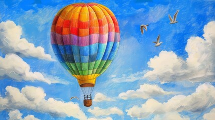 Naklejka premium A colorful hot air balloon soars through a bright blue sky filled with fluffy clouds and birds.