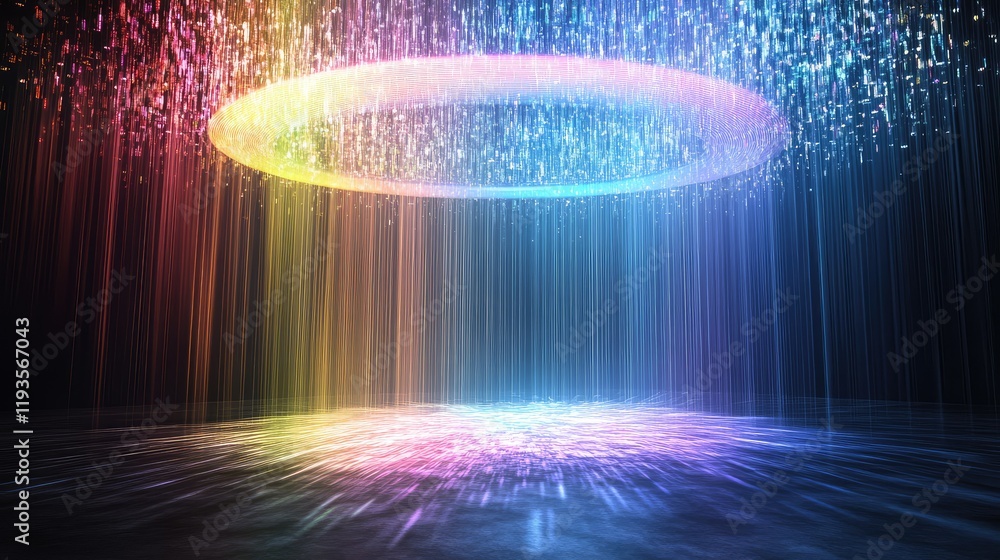 Poster floating holographic interface of a next-gen computing system, radiating multicolored light beams