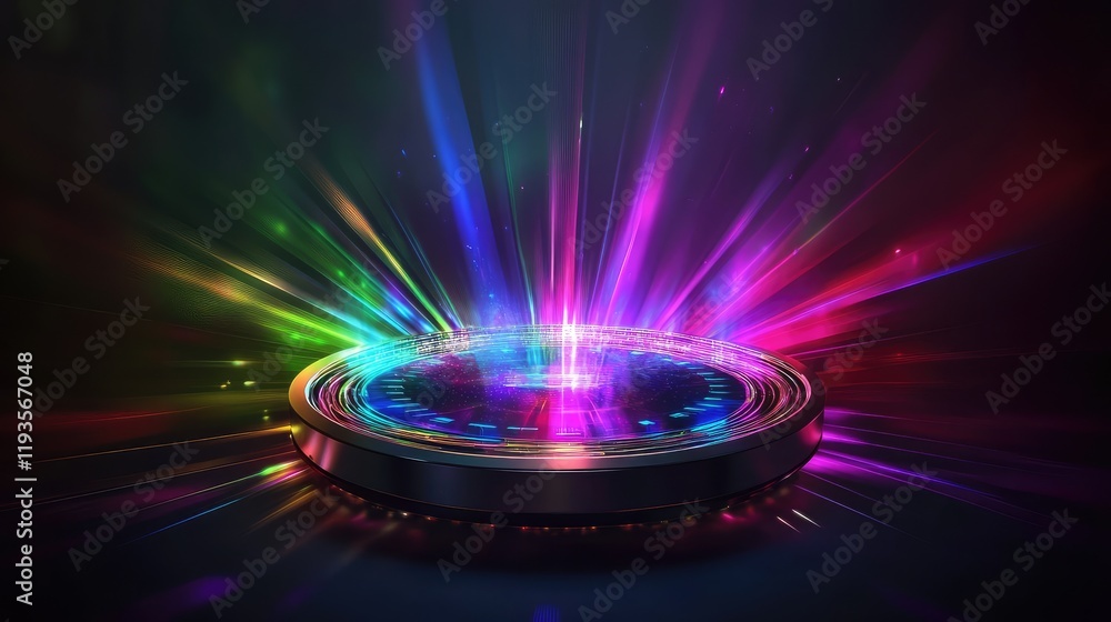 Poster floating holographic interface of a next-gen computing system, radiating multicolored light beams