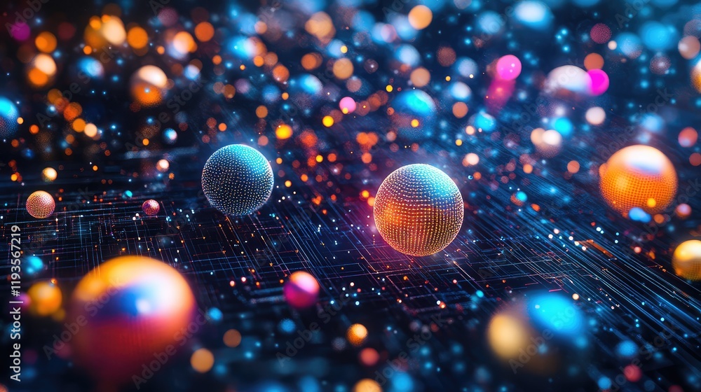 Poster floating qubit structures visualized as shimmering, multicolored spheres in a dark, high-tech enviro