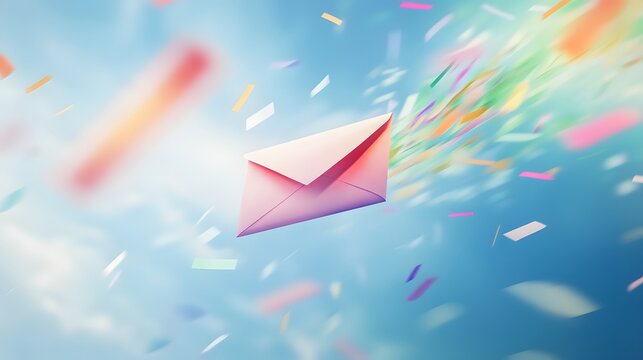 Pink Envelope Soaring Through Colorful Confetti - Powered by Adobe