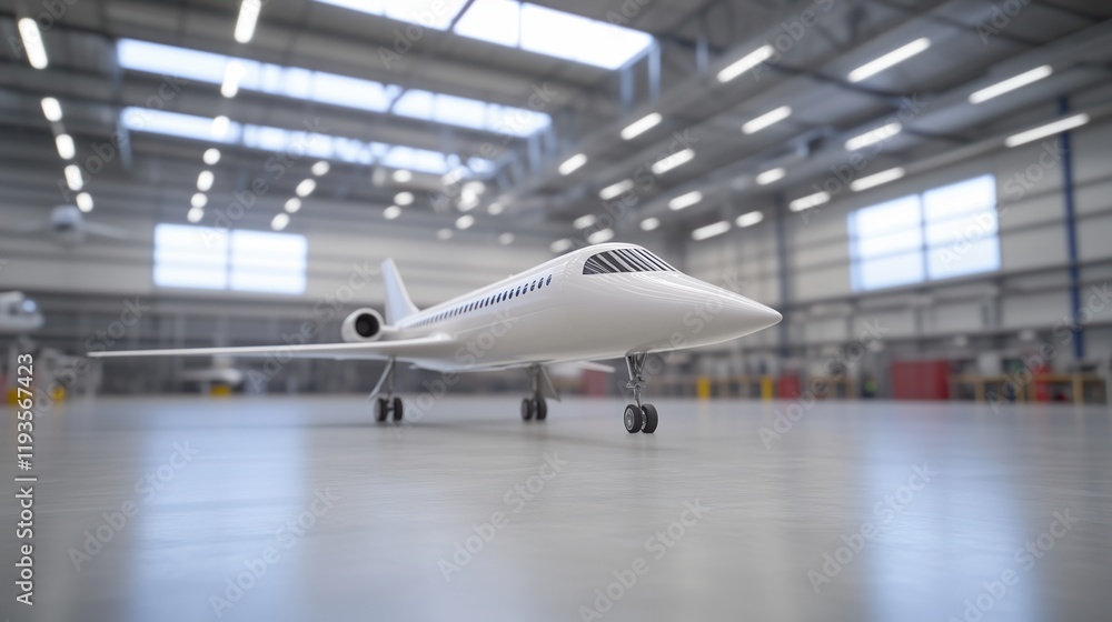 Poster modern aerospace lab with engineers working on advanced aircraft models in high tech environment