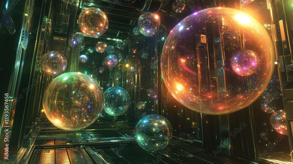Poster floating qubit structures visualized as shimmering, multicolored spheres in a dark, high-tech enviro