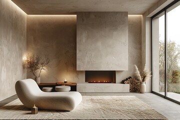 Minimalist living room interior with modern fireplace, armchair and beige plasters walls. Interior mockup