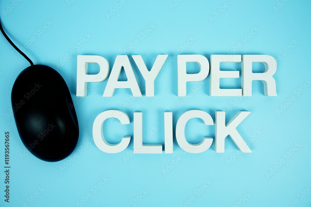 Poster pay per click alphabet letters and optical mouse top view on blue background