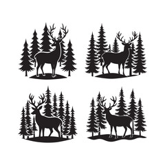 Obraz premium set of deer with pine trees and forest silhouette, black and white silhouette, vector and illustration