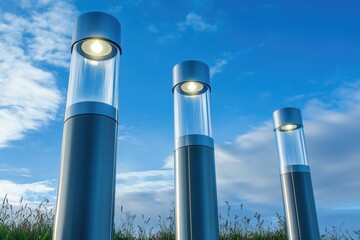Contemporary metallic post pole streetlights lamps standing in daylight agains clear blue sky background