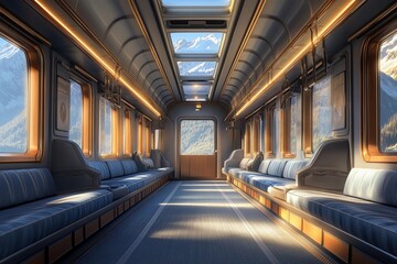 Fototapeta premium The luxurious interior of a passenger train features plush, comfortable seats, designed to provide an upscale travel experience with maximum comfort and style.