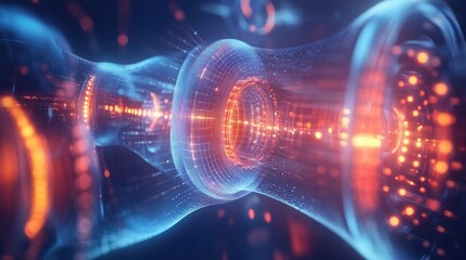 Obraz premium Future-forward quantum innovation with interconnected, glowing quantum devices exchanging data in a seamless digital space