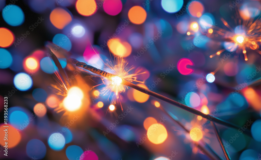 Poster close-up of a lit sparkler with vibrant multicolored bokeh lights in the background, creating a fest