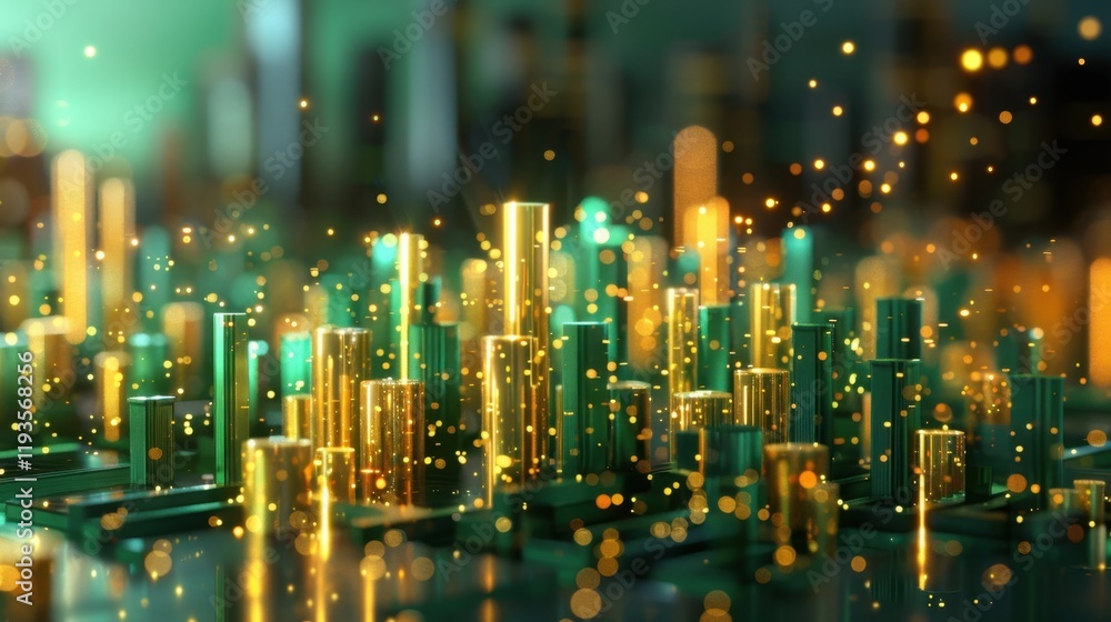 Poster digital abstract art featuring vibrant golden and teal geometric shapes, creating mesmerizing visual