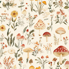 Autumnal Floral & Fungi: A whimsical seamless pattern bursting with vibrant autumn colors, featuring intricate watercolor illustrations of mushrooms, wildflowers, and foliage.