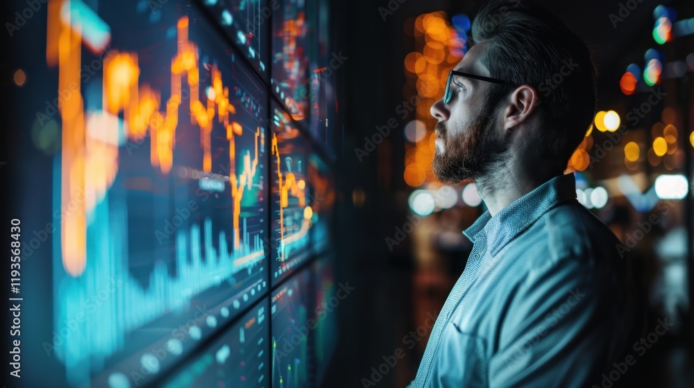 Poster man analyzing financial data on digital screen at night, surrounded by colorful lights, showcasing g