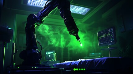 Futuristic surgical robot performing a procedure in a high-tech hospital room with monitors