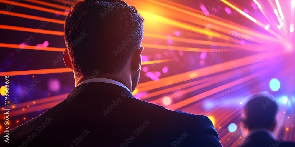 Poster a person in a suit stands with their back to the viewer, facing colorful lights and patterns in a li