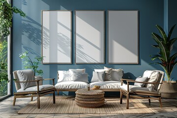 Mock up empty posters on the wall. Modern living room interior. Wooden floor and stylish furniture. Concept of contemporary design.