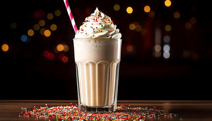 Delightful milkshake in a glass, topped with whipped cream and sprinkles, against a blurred festive background. Perfect for menus, websites, or advertising related to desserts, beverages, and