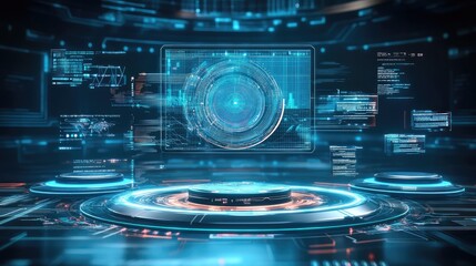 Obraz premium Futuristic desktop setup with levitating computing modules and a holographic central screen