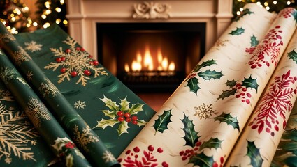 Festive Christmas wrapping paper with holiday motifs in front of a cozy fireplace