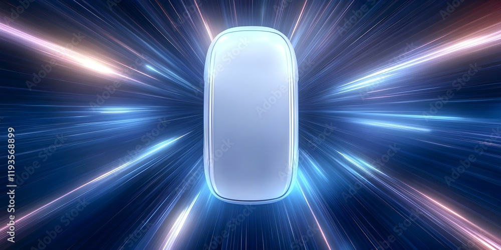 Poster a futuristic object or device set against a dynamic, colorful light backdrop, suggesting motion or s