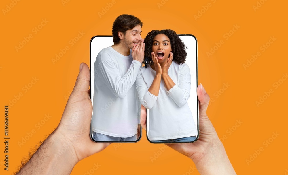 Poster a man and woman share an excited conversation while holding a smartphone. their expressions show joy