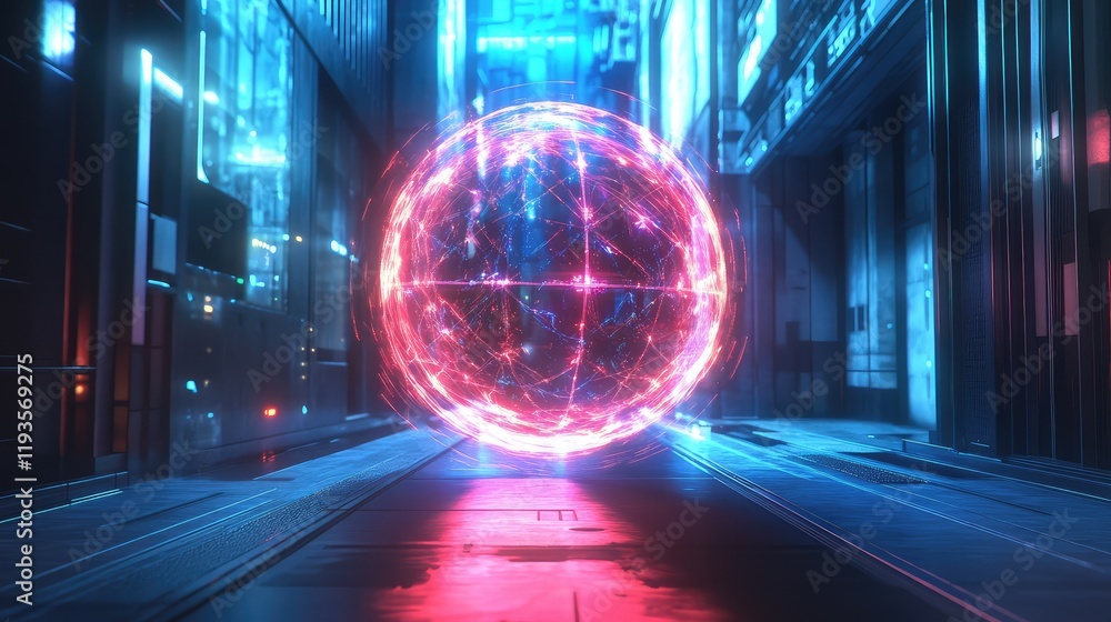 Poster futuristic quantum ai core visualized as a glowing sphere, radiating holographic patterns in dark sp