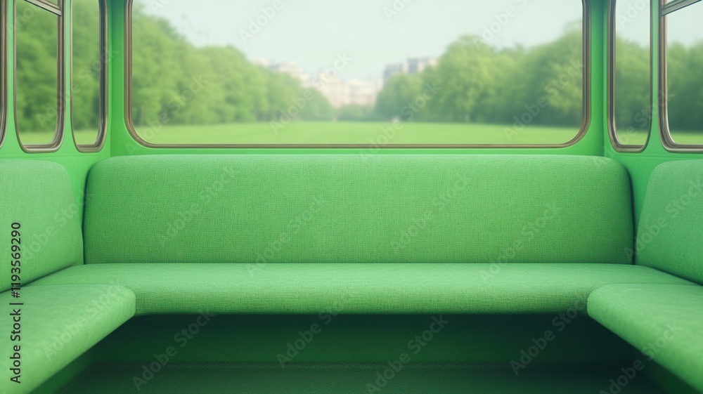 Poster interior of a green train or bus with upholstered seats and large windows overlooking a park minimal