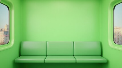 Vintage Train Interior with Unique Green Screen Walls and Retro Seating Capturing a Modern Twist