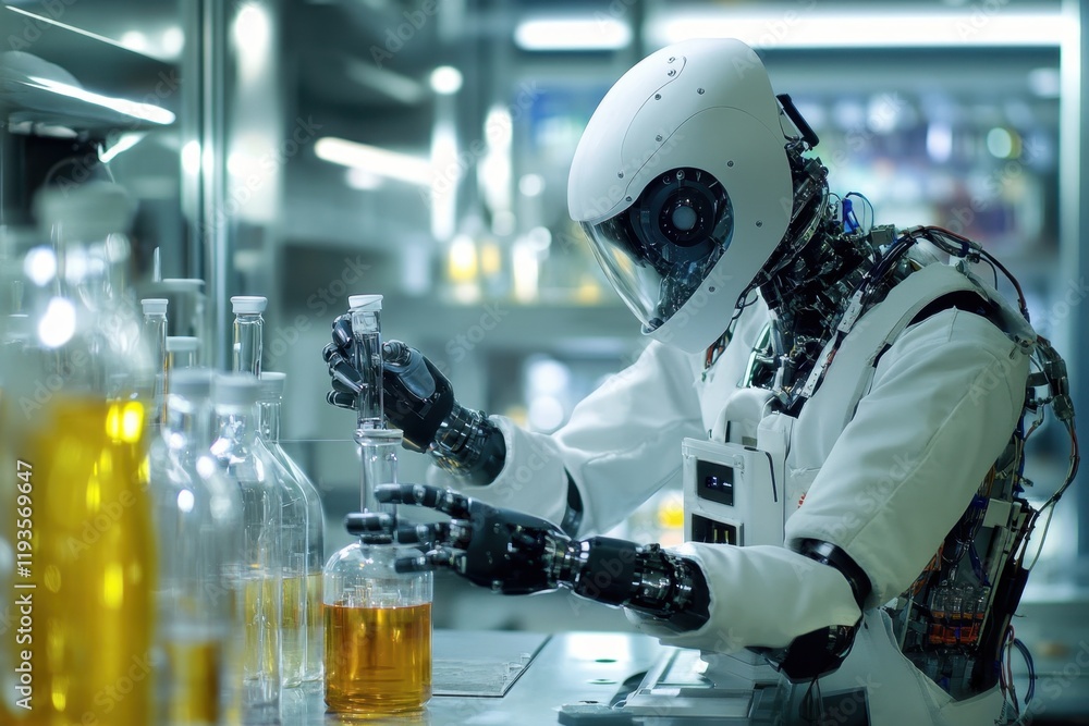 Poster robotic researcher conducts experiments in a high-tech laboratory environment