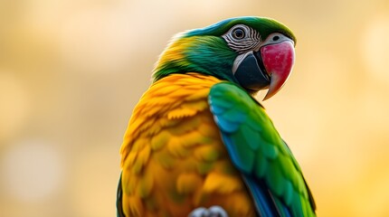 Obraz premium Parrot on a branch, intense dramatic lighting, high contrast, graceful and elegant, refined features, bright blue, green, yellow, and red plumage, slightly open beak revealing tongue, brown branch wit