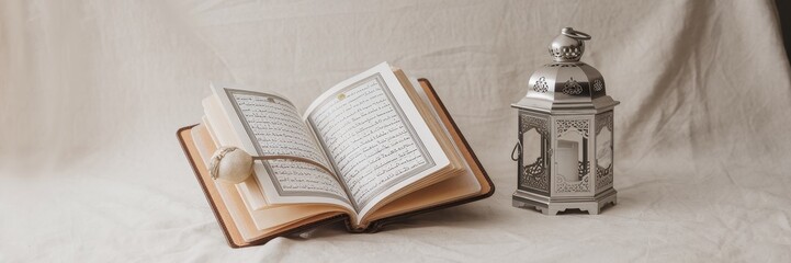 Fototapeta premium Quran and Ornate Lantern on Beige Fabric