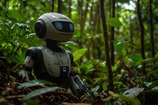 Robot exploring the lush jungle environment during daylight