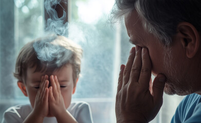 Thoughtful moment of an adult and a child covering their faces, with smoke and soft natural light in the background.