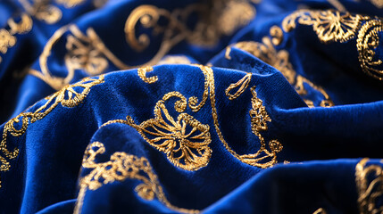 An Exquisite Royal Blue Velvet Fabric with Intricate Golden Embroidery Showcasing Luxurious Textures and High Detail