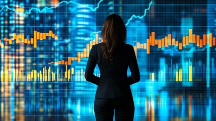 Businesswoman analyzing financial data on digital screen in futuristic urban setting