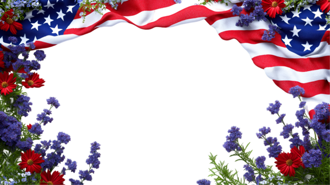 Patriotic American Flag Border with Vibrant Red and Blue Flowers, Festive Decoration USA white frame floral summer, isolated on transparent background.  